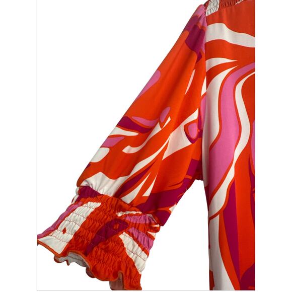 La Mer Luxe Orange Pink Psychedelic Puff Sleeve Midi Dress Women’s Medium - Picture 2 of 8
